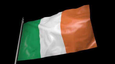 The flag of Ireland on a metal flagpole flutters in the wind. 3D animation with alpha channel