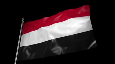 The flag of Yemen on a metal flagpole flutters in the wind. 3D animation with alpha channel