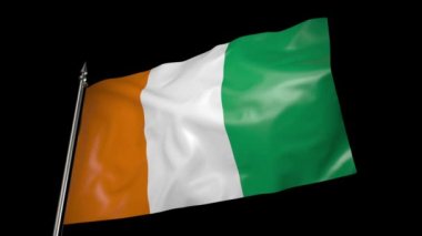 The Ivory Coast flag on a metal flagpole flutters in the wind. 3D animation with alpha channel