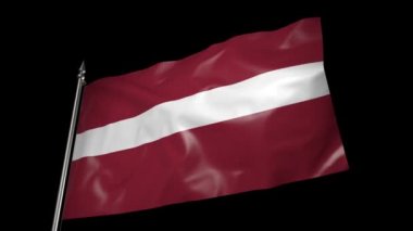 The flag of Latvia on a metal flagpole flutters in the wind. 3D animation with alpha channel