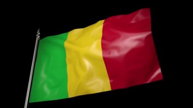 The flag of Mali on a metal flagpole flutters in the wind. 3D animation with alpha channel