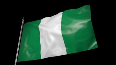 The flag of Nigeria on a metal flagpole flutters in the wind. 3D animation with alpha channel