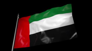 The flag of the United Arab Emirates on a metal flagpole flutters in the wind. 3D animation with alpha channel
