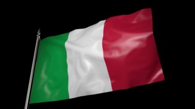 The flag of Italy on a metal flagpole flutters in the wind. 3D animation with alpha channel