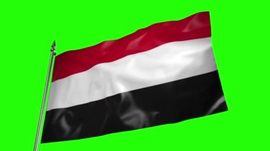 The flag of Yemen on a metal flagpole flutters in the wind. 3D animation on green screen