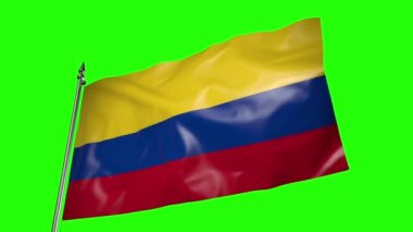 The flag of Colombia on a metal flagpole flutters in the wind. 3D animation on green screen