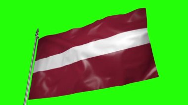 The flag of Latvia on a metal flagpole flutters in the wind. 3D animation on green screen
