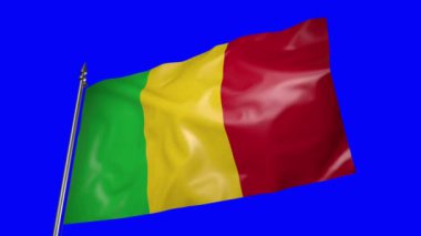 The flag of Mali on a metal flagpole flutters in the wind. 3D animation on blue screen