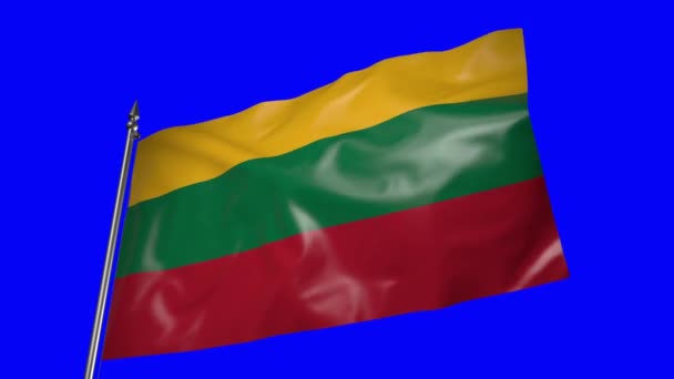 Flag Lithuania Metal Flagpole Flutters Wind Animation Blue Screen — Vídeo de Stock