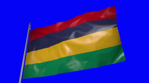 Флаг Маврикия Металлическом Флагштоке Развевается Ветру Анимация Синем Экране — стоковое видео