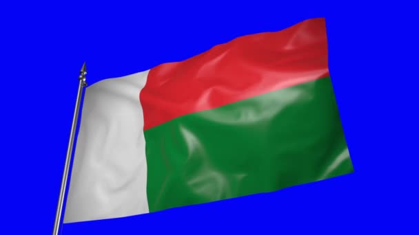 Флаг Мадагаскара Металлическом Флагштоке Развевается Ветру Анимация Синем Экране — стоковое видео