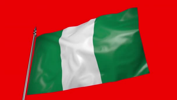 Флаг Нигерии Металлическом Флагштоке Развевается Ветру Анимация Красном Экране — стоковое видео