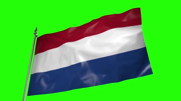 Флаг Нидерландов Металлическом Флагштоке Развевается Ветру Анимация Зеленом Экране — стоковое видео