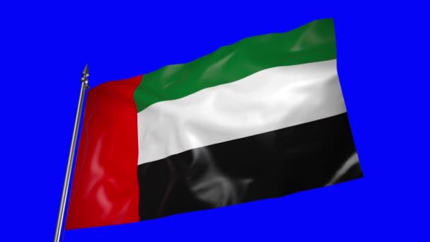 Флаг Объединенных Арабских Эмиратов Металлическом Флагштоке Развевается Ветру Анимация Синем — стоковое видео