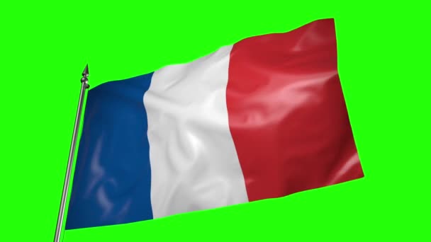 Flag France Metal Flagpole Flutters Wind Animation Green Screen — Stockvideo