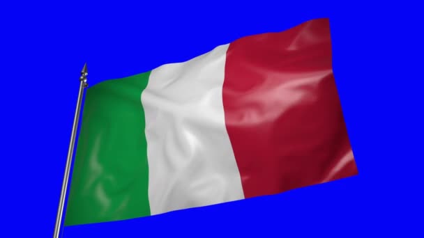 Флаг Италии Металлическом Флагштоке Развевается Ветру Анимация Синем Экране — стоковое видео