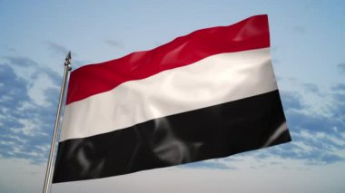 The flag of Yemen on a metal flagpole flutters in the wind. 3D animation against a blue sky with clouds