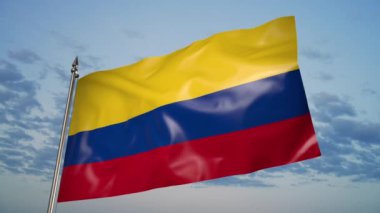 The flag of Colombia on a metal flagpole flutters in the wind. 3D animation against a blue sky with clouds