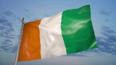 The Ivory Coast flag on a metal flagpole flutters in the wind. 3D animation against a blue sky with clouds