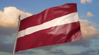 The flag of Latvia on a metal flagpole flutters in the wind. 3D animation against a blue sky with clouds