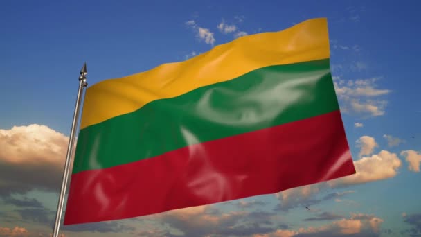 Flag Lithuania Metal Flagpole Flutters Wind Animation Blue Sky Clouds — Stockvideo