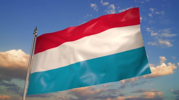 Flag Luxembourg Flutters Wind Metal Flagpole Animation Blue Sky Clouds — Video Stock