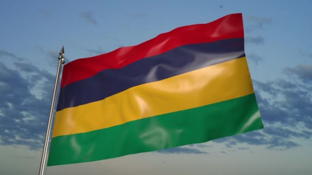 Flag Mauritius Metal Flagpole Flutters Wind Animation Blue Sky Clouds — Video Stock