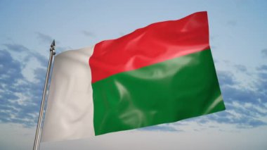 The flag of Madagascar on a metal flagpole flutters in the wind. 3D animation against a blue sky with clouds