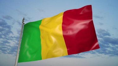 The flag of Mali on a metal flagpole flutters in the wind. 3D animation against a blue sky with clouds