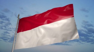 The flag of Monaco on a metal flagpole flutters in the wind. 3D animation against a blue sky with clouds