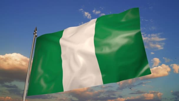 Flag Nigeria Metal Flagpole Flutters Wind Animation Blue Sky Clouds — Vídeo de Stock