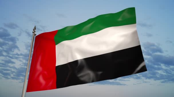 Flag United Arab Emirates Metal Flagpole Flutters Wind Animation Blue — Video Stock