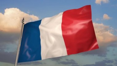 The flag of France on a metal flagpole flutters in the wind. 3D animation against a blue sky with clouds