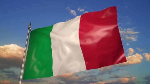 Flag Italy Metal Flagpole Flutters Wind Animation White Background — Video