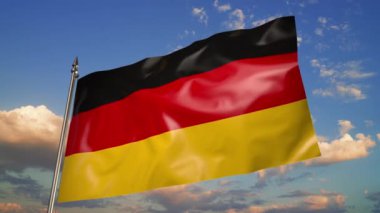 The flag of Germany on a metal flagpole flutters in the wind. Animation 3D on a white background