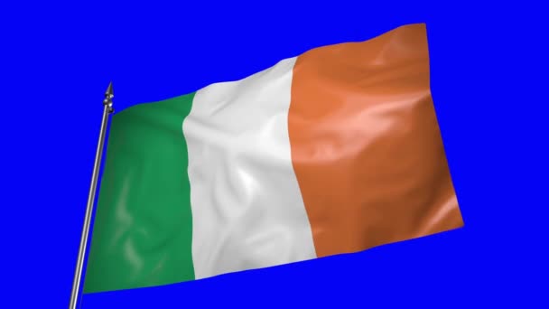 Флаг Ирландии Металлическом Флагштоке Развевается Ветру Анимация Синем Экране — стоковое видео