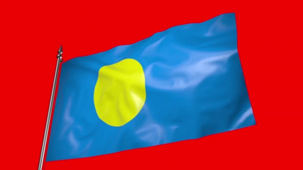 Flag Palau Flutters Wind Metal Flagpole Animation Red Screen — Vídeo de Stock