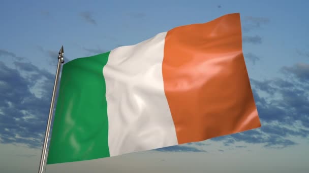 Flag Ireland Metal Flagpole Flutters Wind Animation Blue Sky Clouds — Video Stock