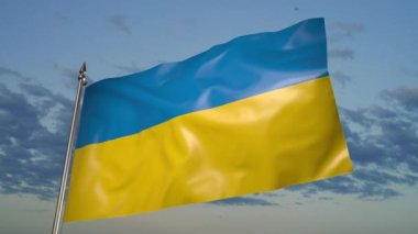 The flag of Ukraine on a metal flagpole flutters in the wind. 3D animation on the background of the sky with clouds