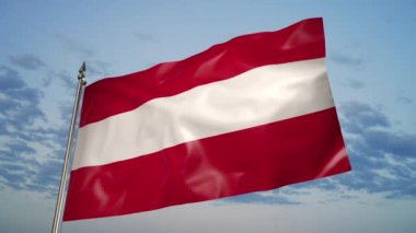 The flag of Austria on a metal flagpole flutters in the wind. 3D animation on the background of the sky with clouds
