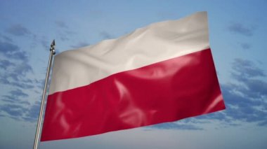 The flag of Poland on a metal flagpole flutters in the wind. 3D animation on the background of the sky with clouds