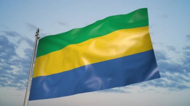 The flag of Gabon on a metal flagpole flutters in the wind. 3D animation on the background of the sky with clouds