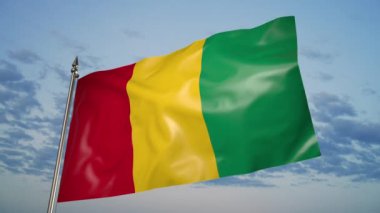 The flag of Guinea on a metal flagpole flutters in the wind. 3D animation on the background of the sky with clouds
