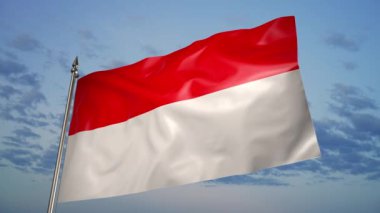 The flag of Indonesia on a metal flagpole flutters in the wind. 3D animation on the background of the sky with clouds