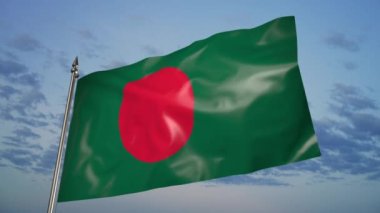 The flag of Bangladesh on a metal flagpole flutters in the wind. 3D animation on the background of the sky with clouds