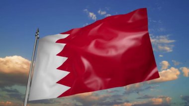 The flag of Bahrain on a metal flagpole flutters in the wind. 3D animation on the background of the sky with clouds