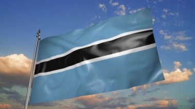 The flag of Botswana on a metal flagpole flutters in the wind. 3D animation on the background of the sky with clouds