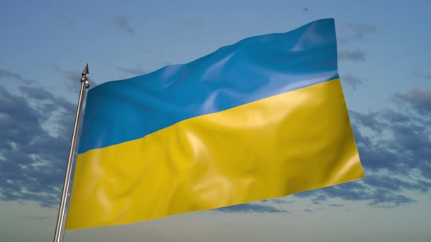 Flag Ukraine Metal Flagpole Flutters Wind Animation Background Sky Clouds — Wideo stockowe