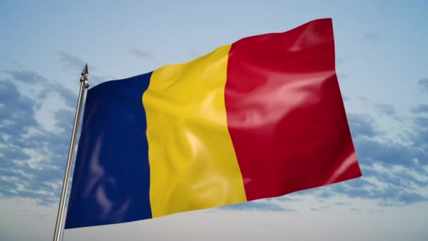 Flag Romania Metal Flagpole Flutters Wind Animation Background Sky Clouds — Video