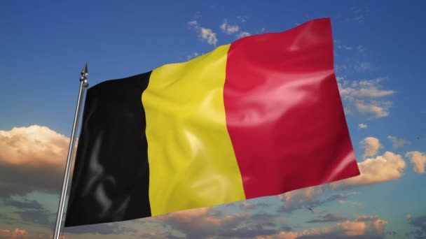 Flag Belgium Metal Flagpole Flutters Wind Animation Background Sky Clouds — Stock videók